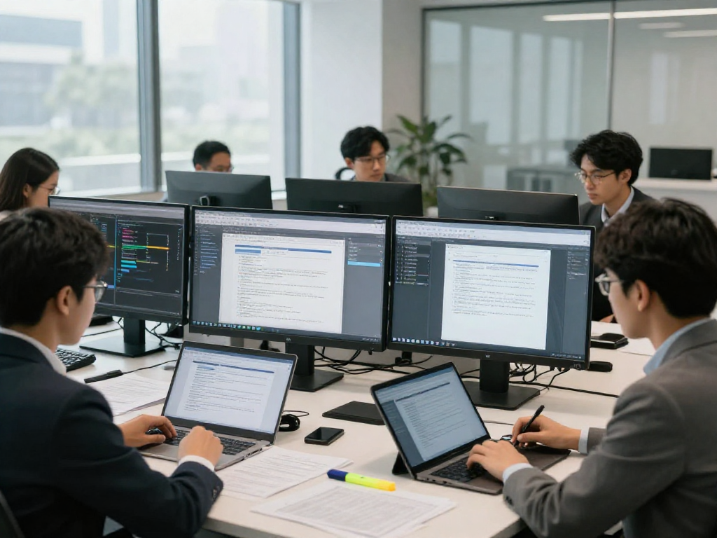 Team collaborating on document fraud detection analysis using advanced technology in a modern office.