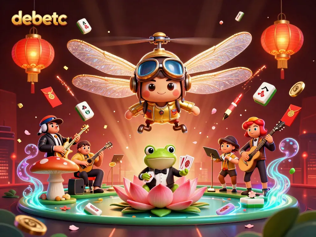Engage with debetc in a vibrant online casino world, featuring a dragonfly pilot, frog croupier, and jazz musicians.