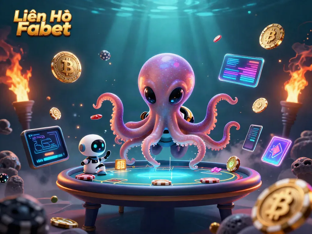 Experience the magic of Liên Hệ Fabet with an alien octopus at a holographic poker table amid a cosmic carnival.