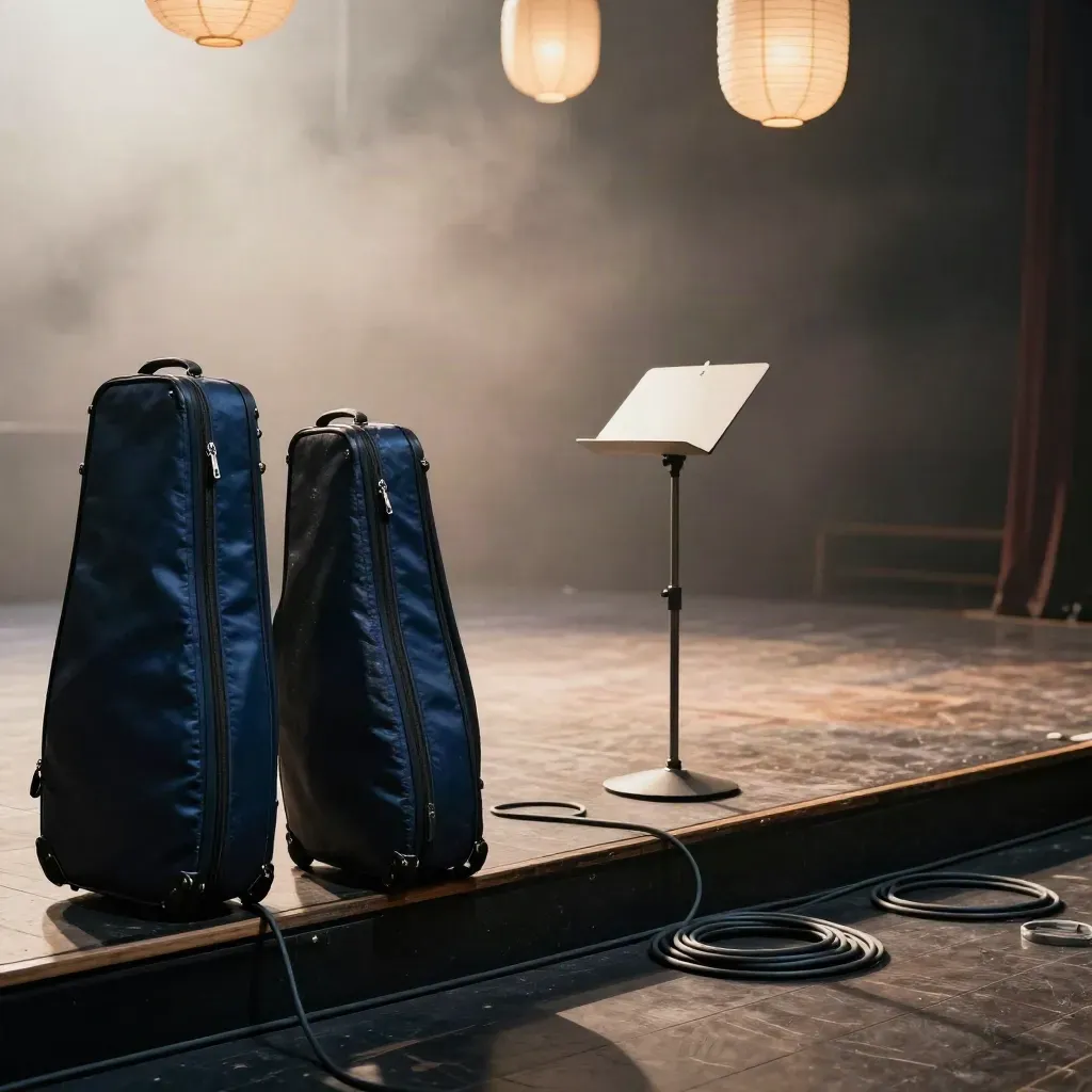 Kleine Theaterbühne mit Drumcases, Kabeln, Musikständer und Papierlaternen vor der Probe.