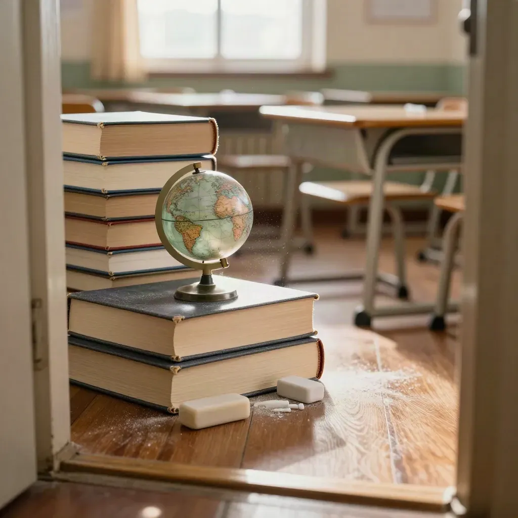 Detail einer aufgeräumten Klasse mit Büchern, Globus, Kreide und Radierer im Morgenlicht.