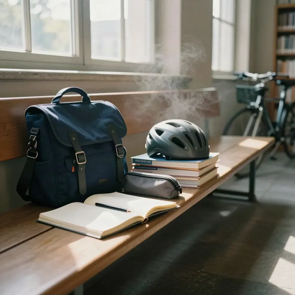 Studienmaterial mit Tasche, Heften und Fahrradhelm auf einer Bibliotheksbank im Morgenlicht