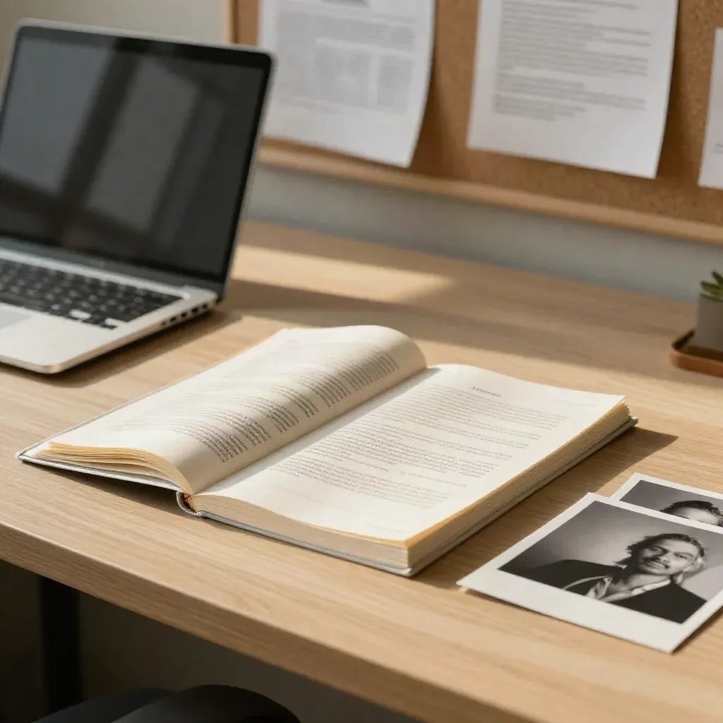 Schreibtisch mit umgedrehtem Bericht, Fotos und Laptop, Pinnnotizen unscharf im Hintergrund.