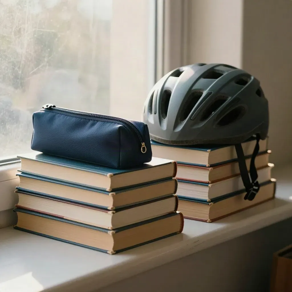 Schulbücher, Federmäppchen und Fahrradhelm am hellen Dorm-Fenster