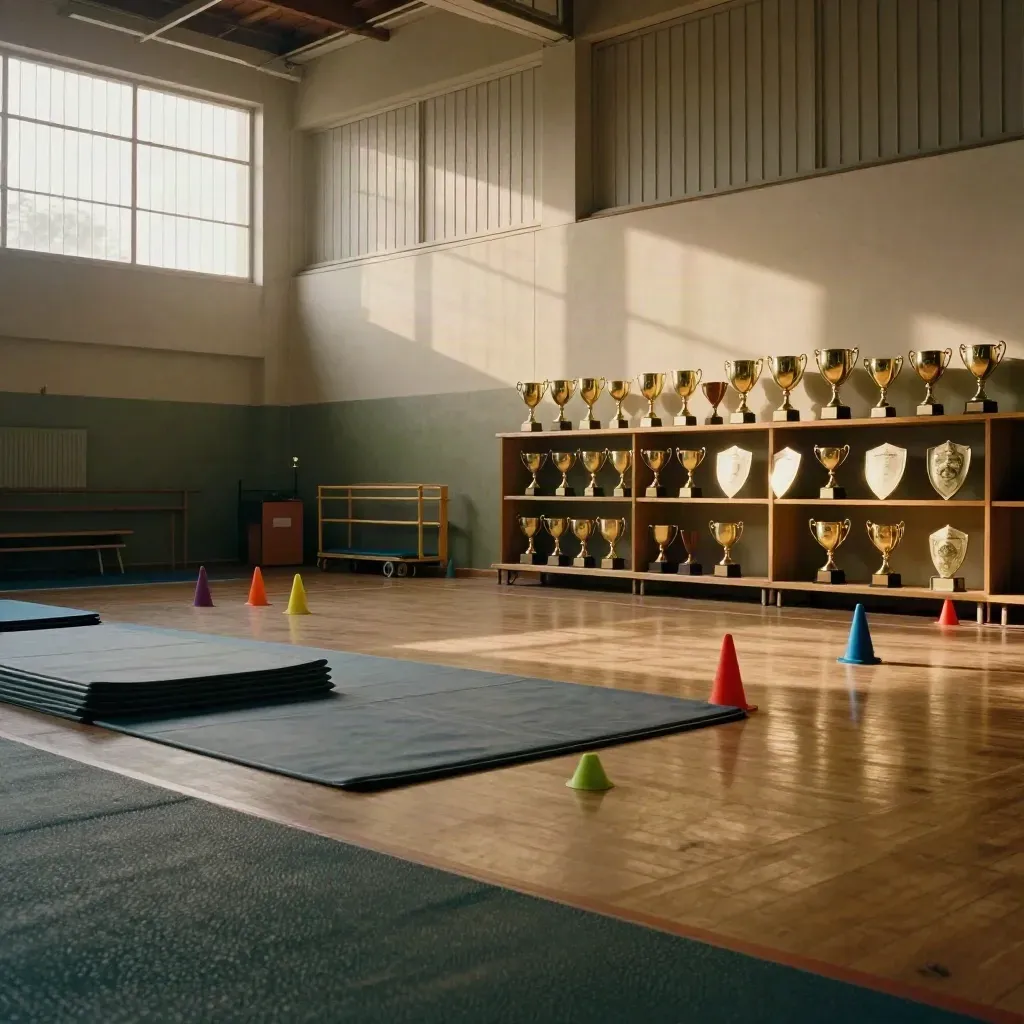 Leere Sporthalle mit Matten, Hütchen und Pokalregal im warmen Licht.