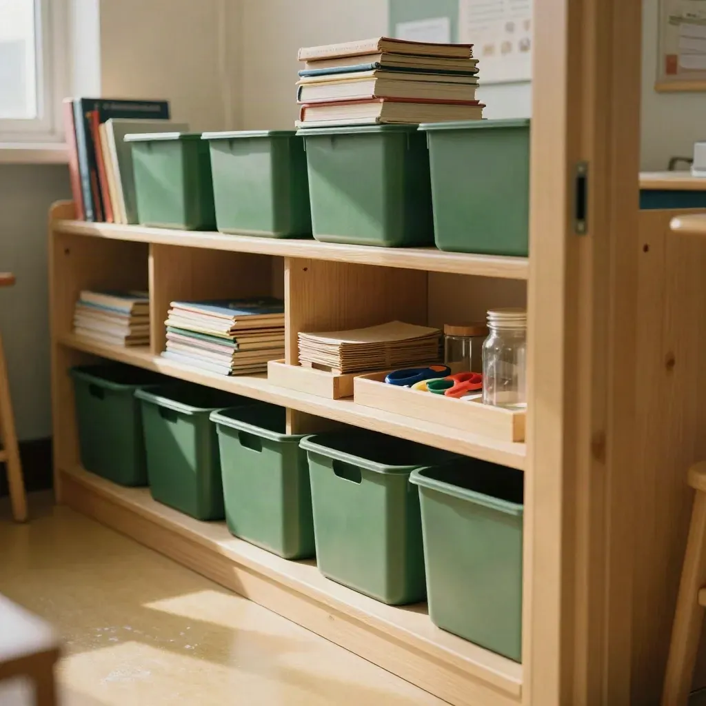 Grundschul-Science-Ecke mit grünen Boxen, Büchern und Bastelmaterial im warmen Licht.