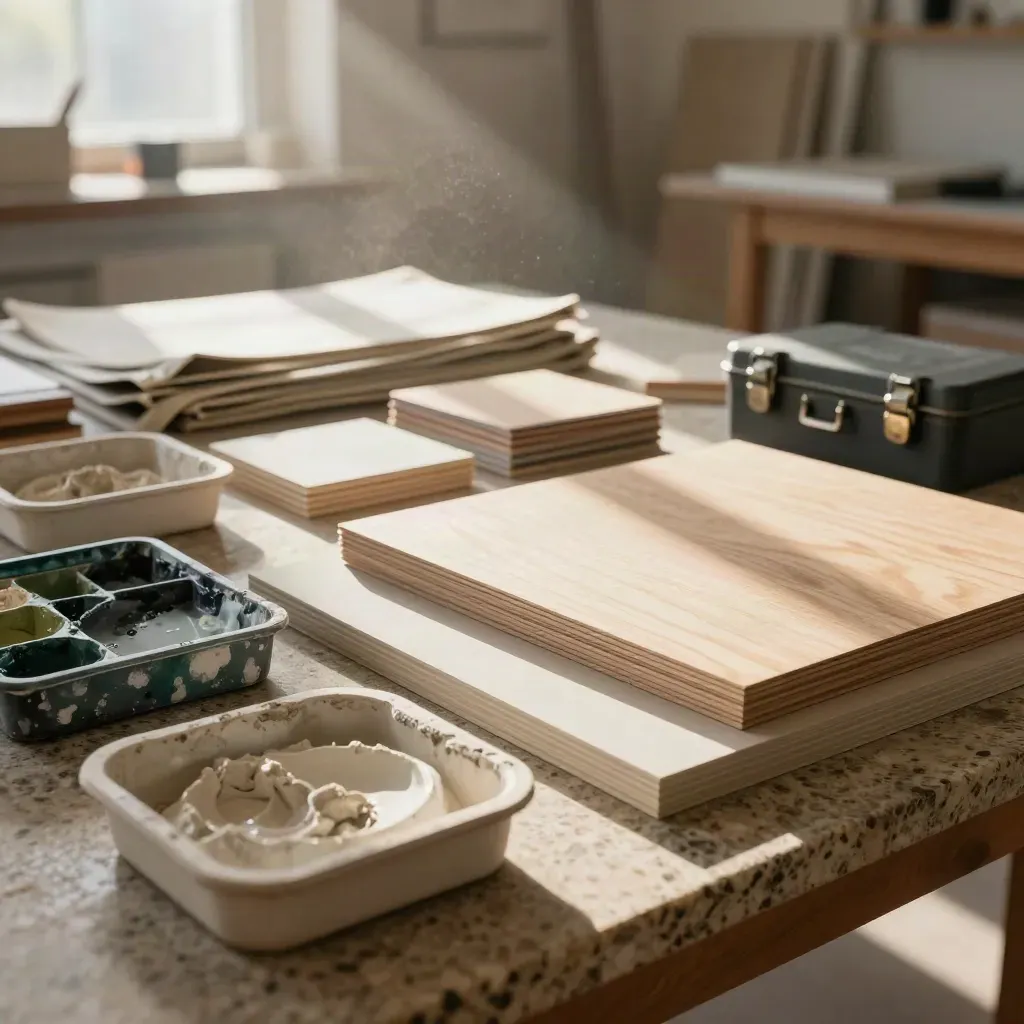 Werkstatttisch mit Farbschalen, Musterplatten und grünen Planen im warmen Licht