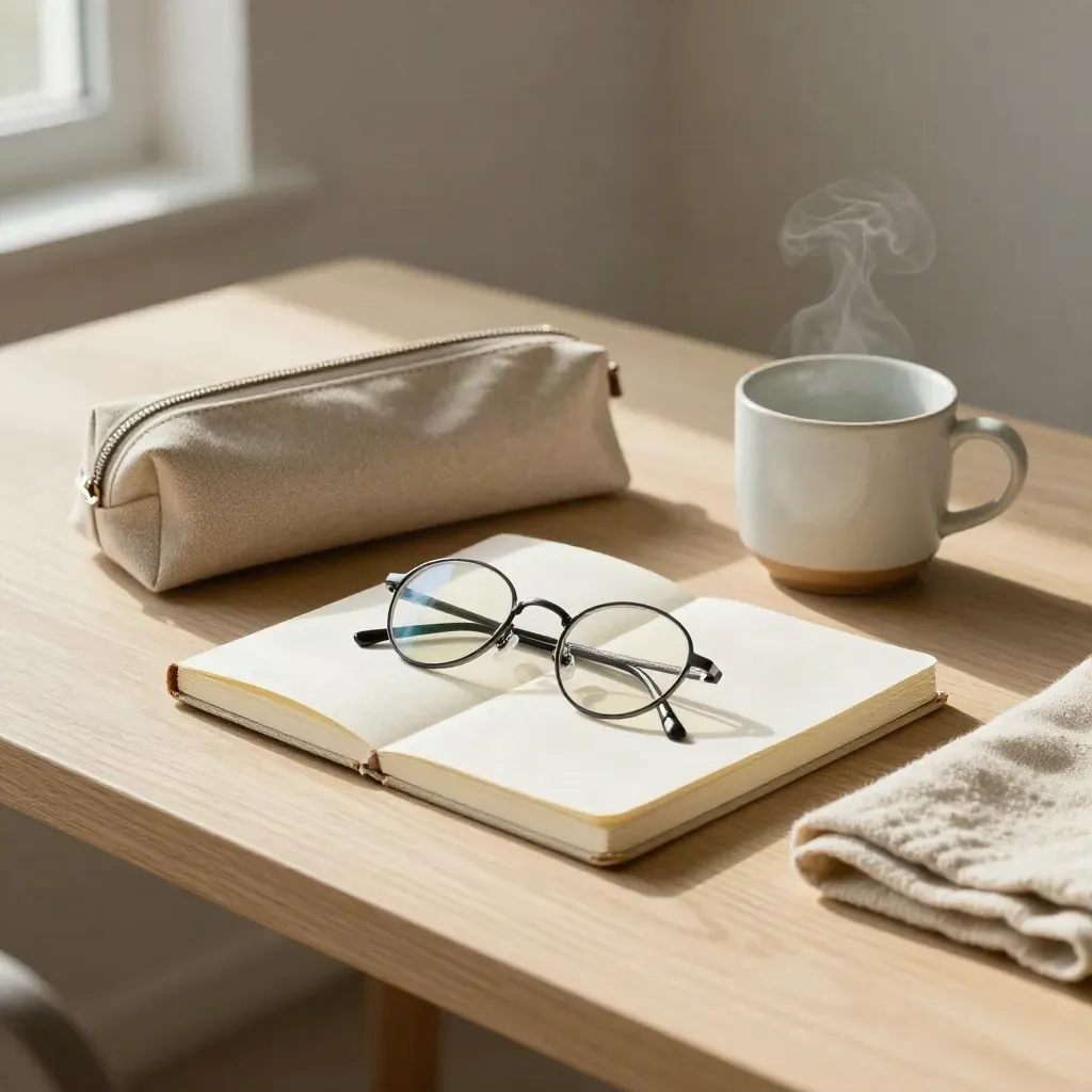 Studien-Set mit Notizbuch, Brille, Tasse und Wolltuch auf hellem Holz.