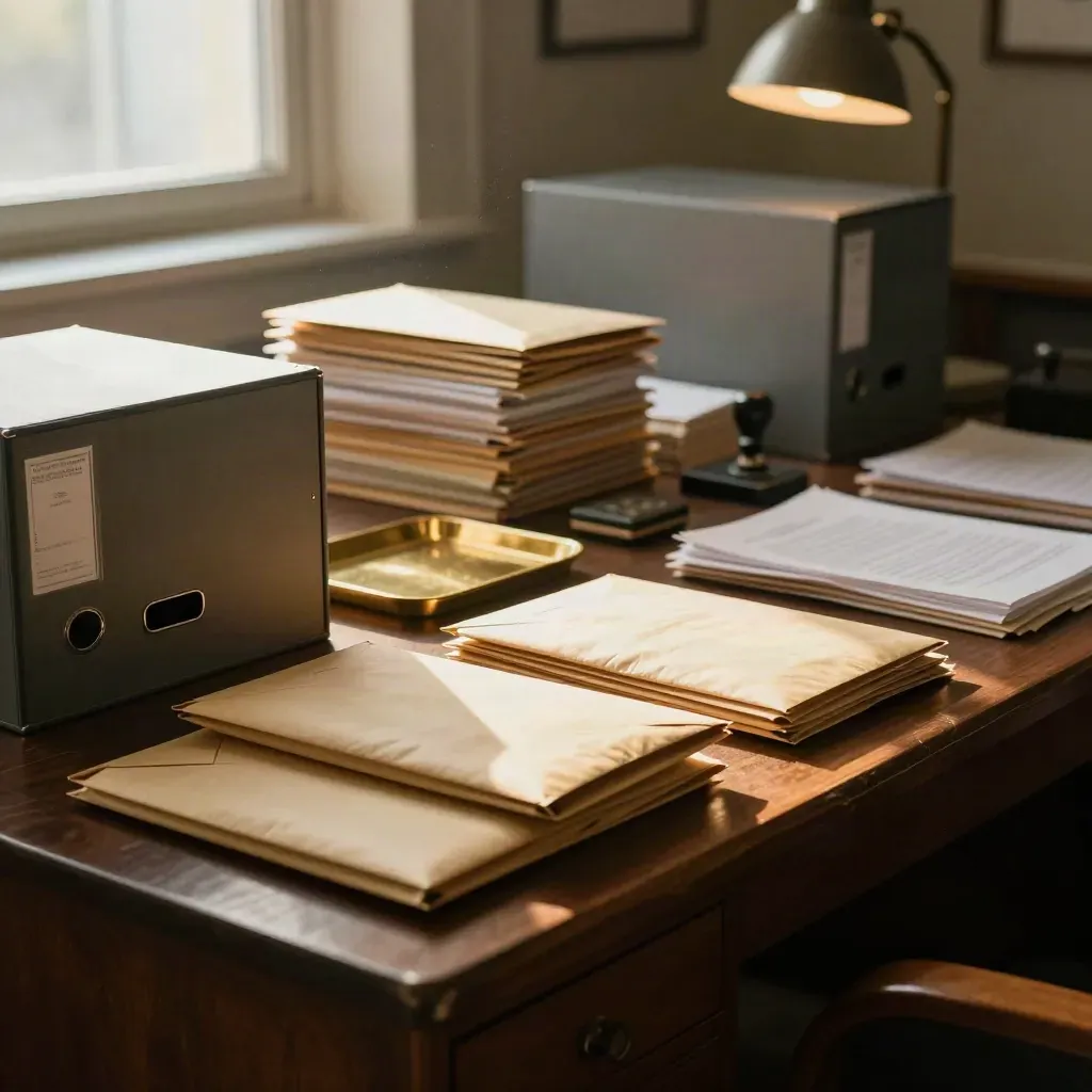 Stiller Finanzraum mit Briefen, Archivboxen und Messingtablett im warmen Seitenlicht.