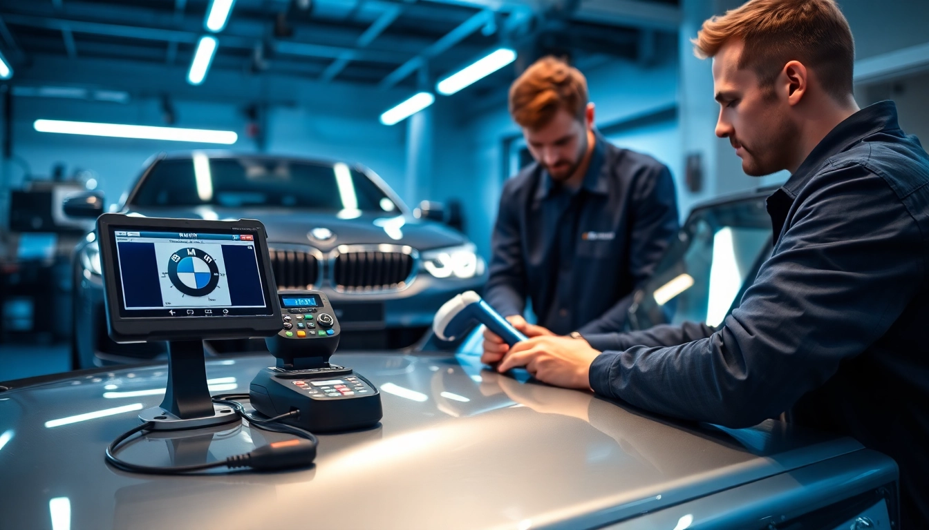 BMW Codierer analysiert leistungsstarke BMW Fahrzeuge in einer modernen Werkstatt mit präzisen Werkzeugen.