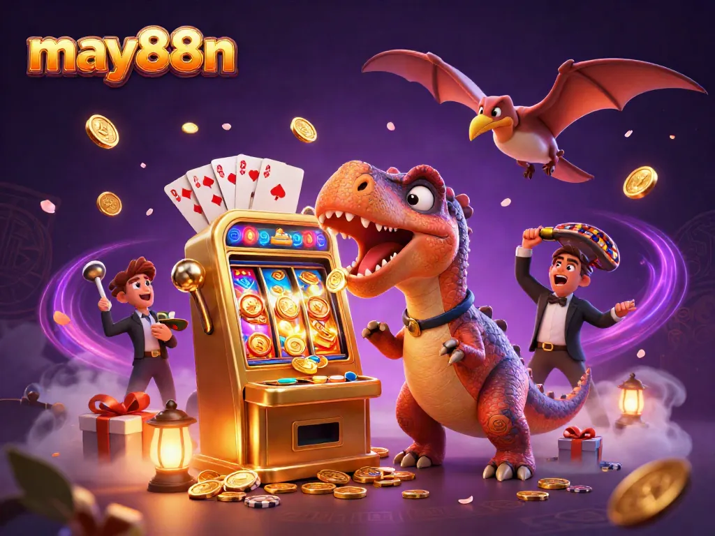 Experience jackpots with may88n: A pachycephalosaurus, slot machine, and gold coins in an exciting casino scene.