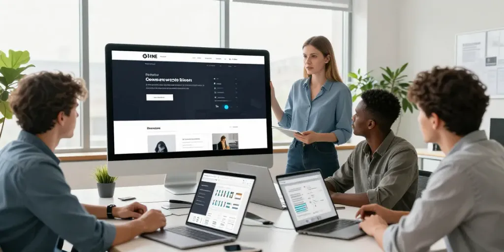 Professionelles Webdesign-Meeting im Saarland mit dynamischen Website-Entwürfen und Teamarbeit.