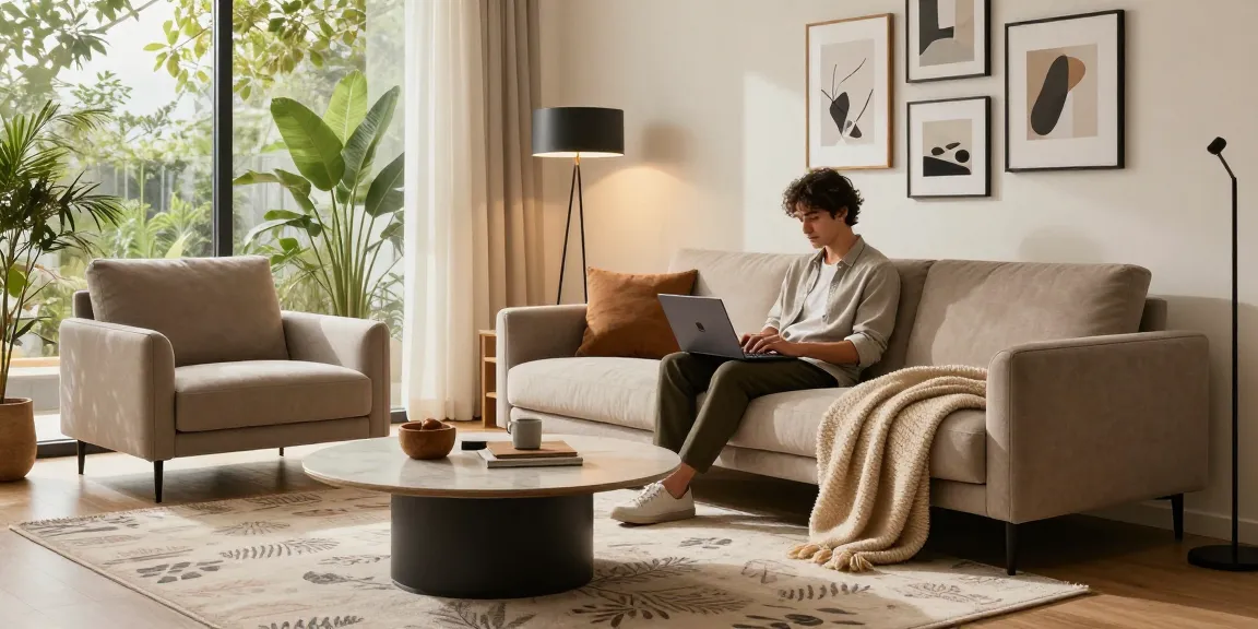 Gemütliches Wohnzimmer mit stilvollen Möbeln, individuelles Durchstöbern von wohnmöbel online kaufen auf einem Laptop, das moderne Dekorelemente und eine warme Atmosphäre zeigt.
