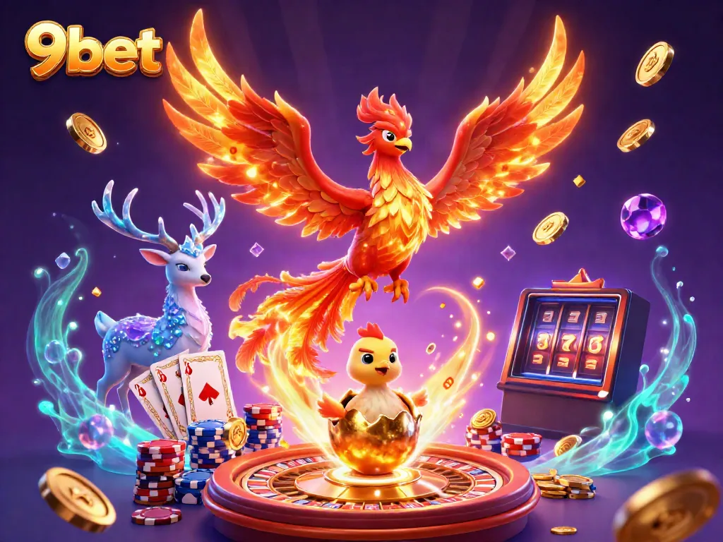 Experience the thrill of winning with 9bet in a vivid 3D casino scene featuring a phoenix and stunning game elements.