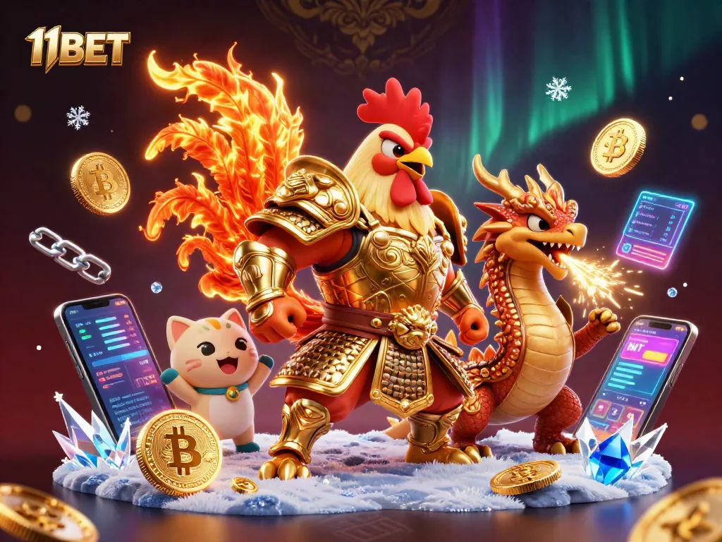 Engage in thrilling gameplay at 11BET with a colorful 3D illustration featuring fierce characters and vibrant game elements.