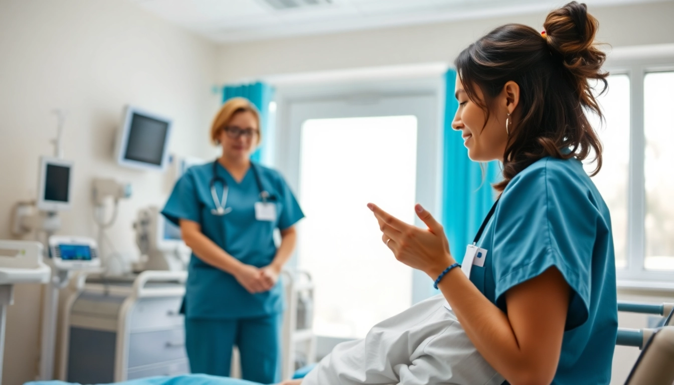 Intensivpflege Frankfurt: Pflegekräfte in einer freundlichen Krankenhausumgebung unterstützen Patienten.