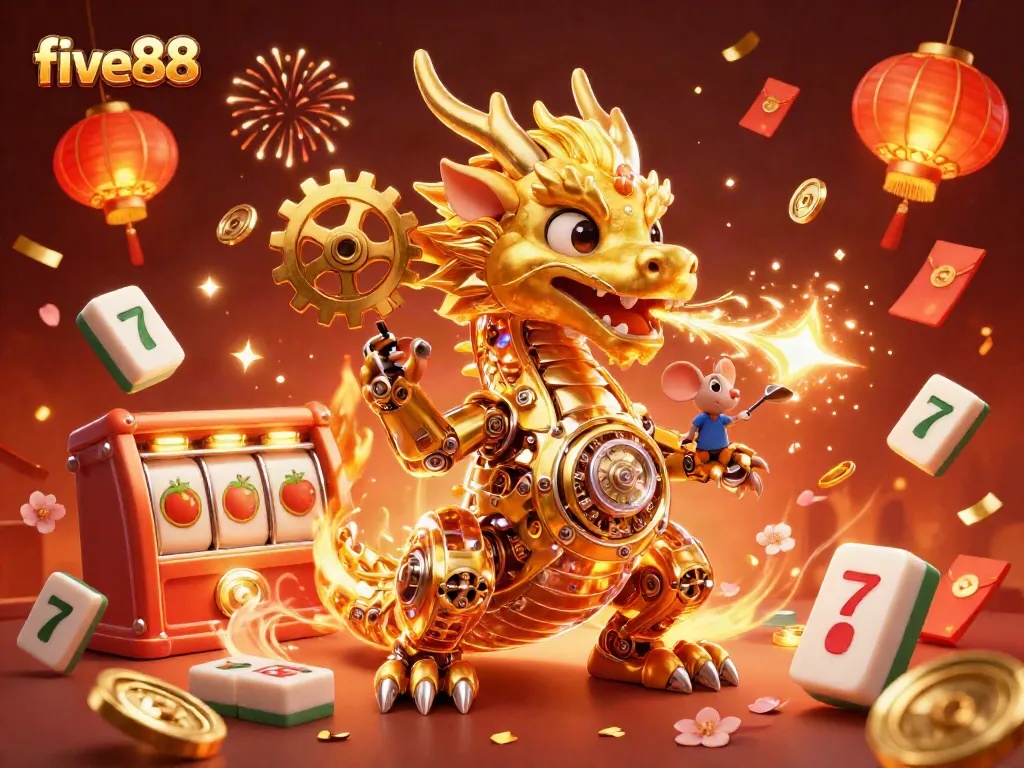 Engage in thrilling games at five88 with a spectacular golden dragon and casino elements in a vivid 3D scene.