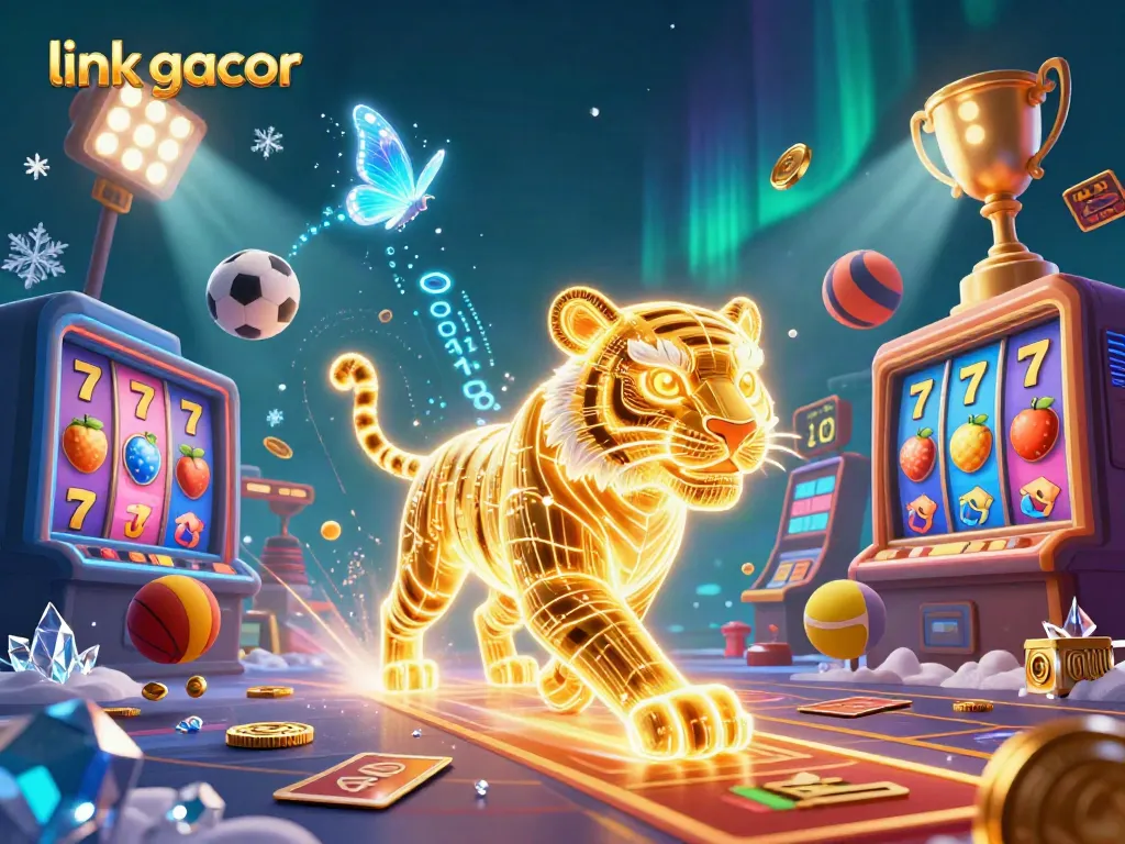 Experience the thrill of link gacor with a golden tiger avatar in a dazzling slot landscape.