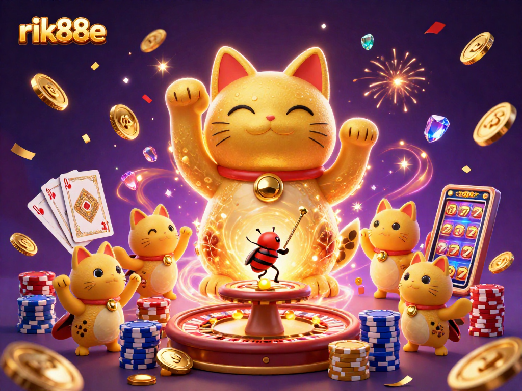 Join the excitement at rik88e with a vibrant illustration of a lucky cat, casino symbols, and dynamic gaming elements.