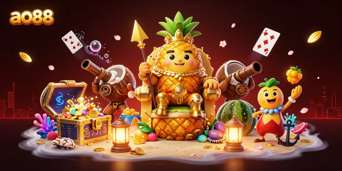 ao88 casino illustration showcasing a tropical-themed gambling scene filled with vibrant characters and treasures.