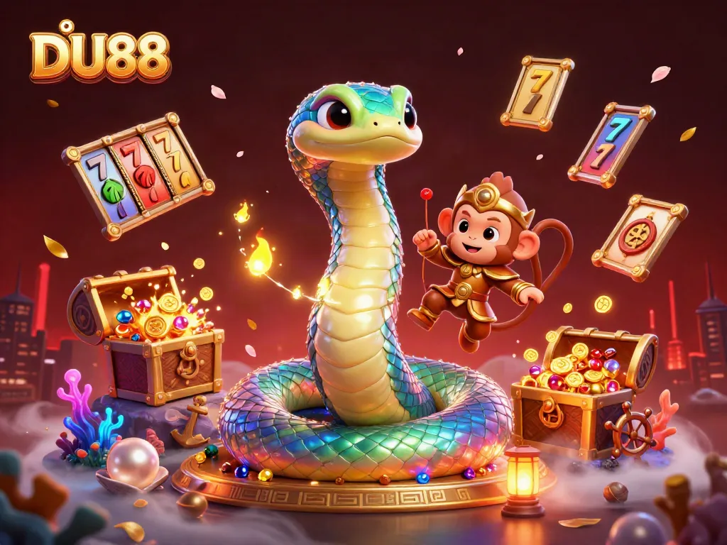 Experience thrilling gaming action at DU88 with a vibrant illustration of a rainbow serpent and monkey king.