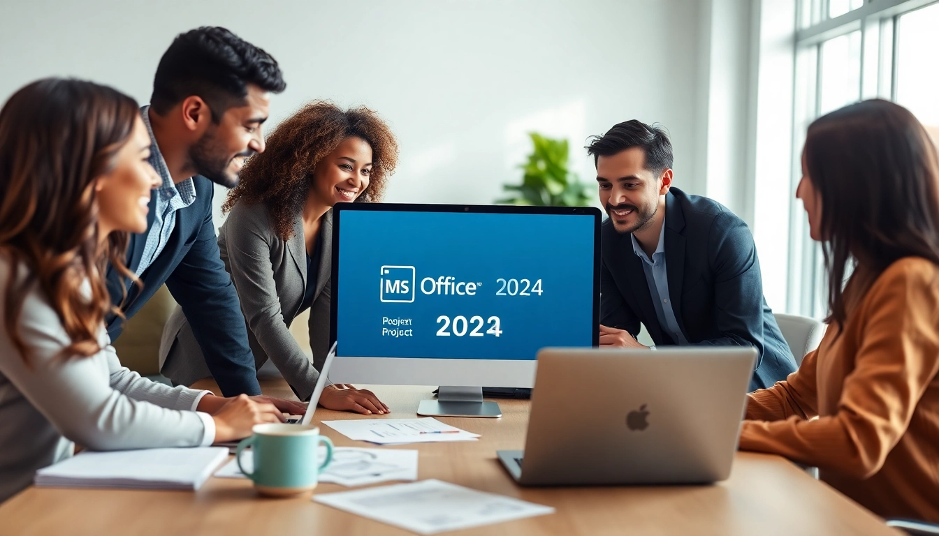 MS Office 2024 für Unternehmen erwerben in einer modernen Büroumgebung mit einem Team bei der Zusammenarbeit.