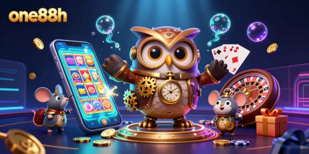 Experience the excitement of one88h with a vibrant casino scene featuring a time-traveler owl.