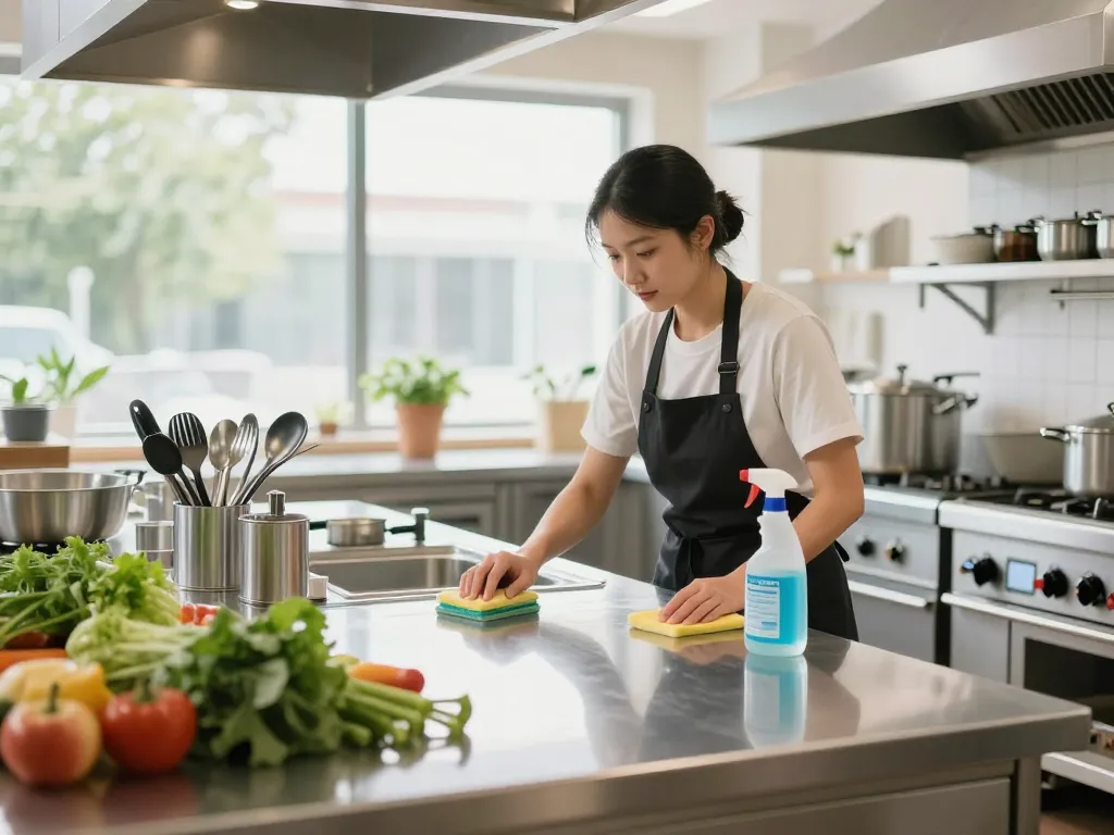 Hygienereinigung für Gastronomie in Münster mit professionellem Reiniger, der eine makellose Küche sicherstellt.