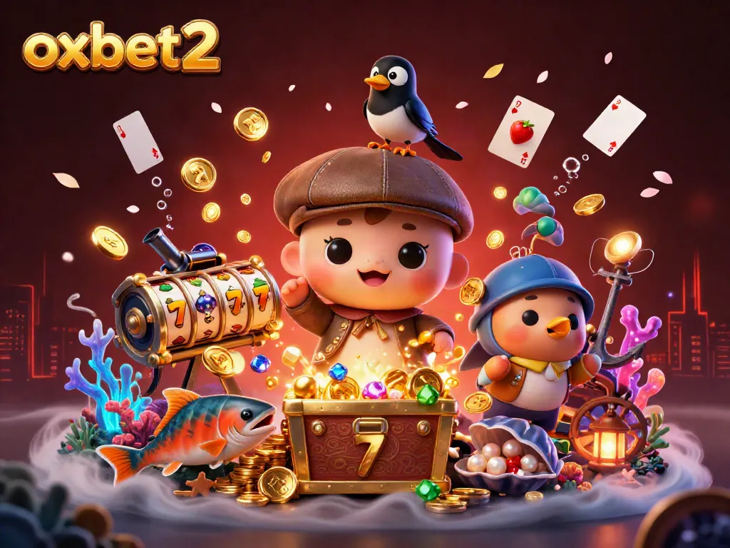 Win big at oxbet2 with vibrant casino-themed illustration featuring cartoon characters and gaming elements.