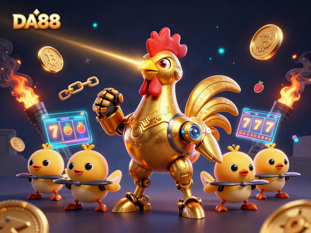 Engage in the excitement of DA88 with a golden rooster robot and dynamic casino elements.