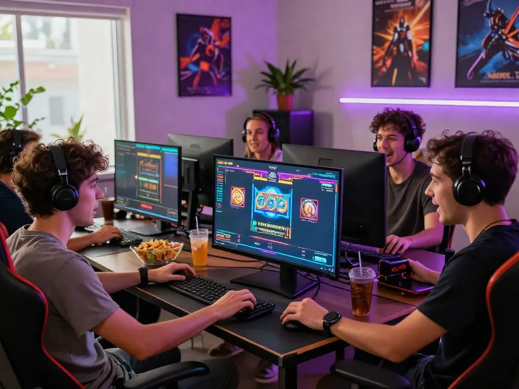 Friends engaging in an exciting online gaming session at home, featuring vibrant visuals of Uk88 slot games on screen.