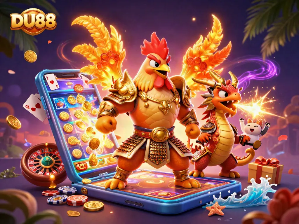 Engage with DU88’s dynamic casino universe featuring a powerful cartoon rooster and dragon amidst vibrant gaming elements.