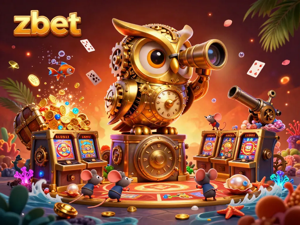 Join zbet's captivating casino experience with a whimsical illustration of a golden owl and mouse patrons amidst dynamic gaming elements.