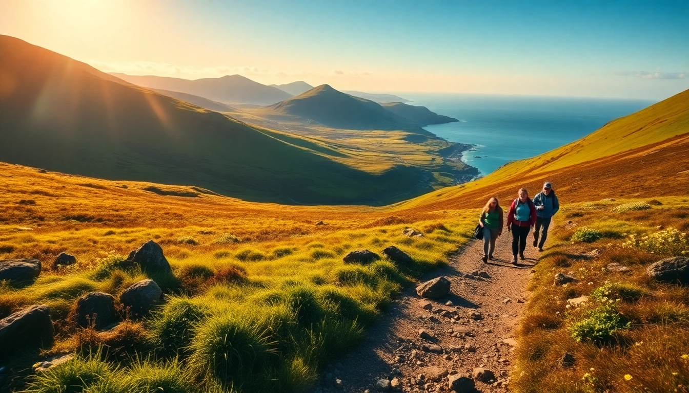 Dingle Way wandern auf malerischem Küstenpfad in Irland mit begeisterten Wanderern.