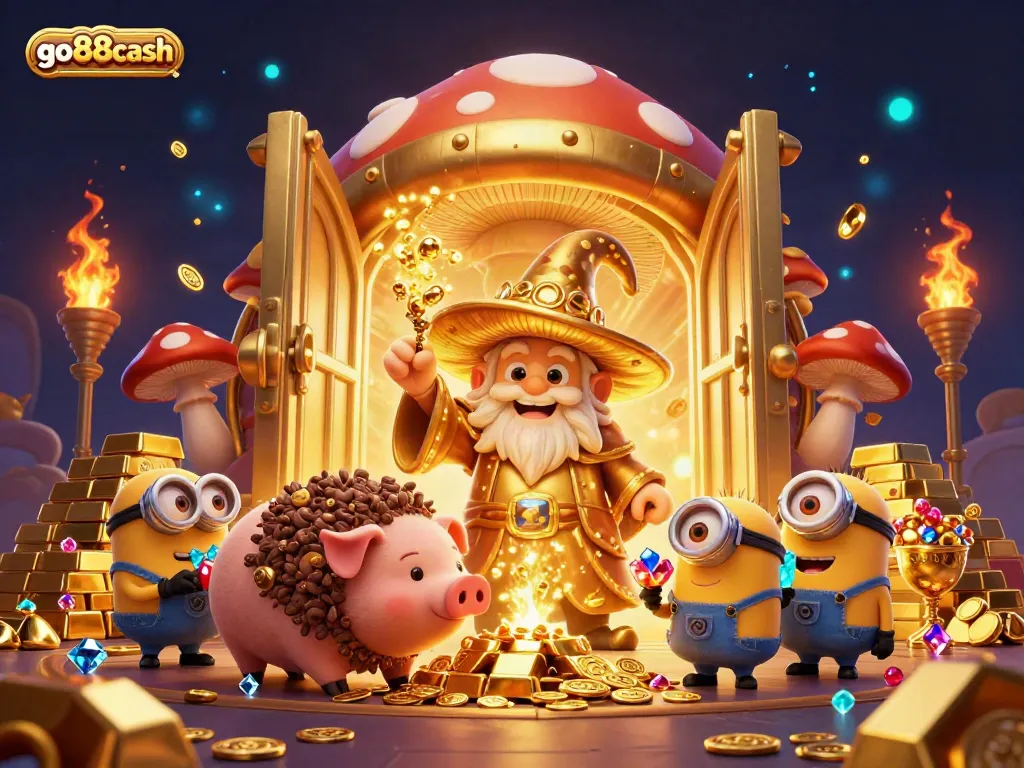 Experience the magic of gold in this lively illustration featuring go88cash with a wizard and treasures.