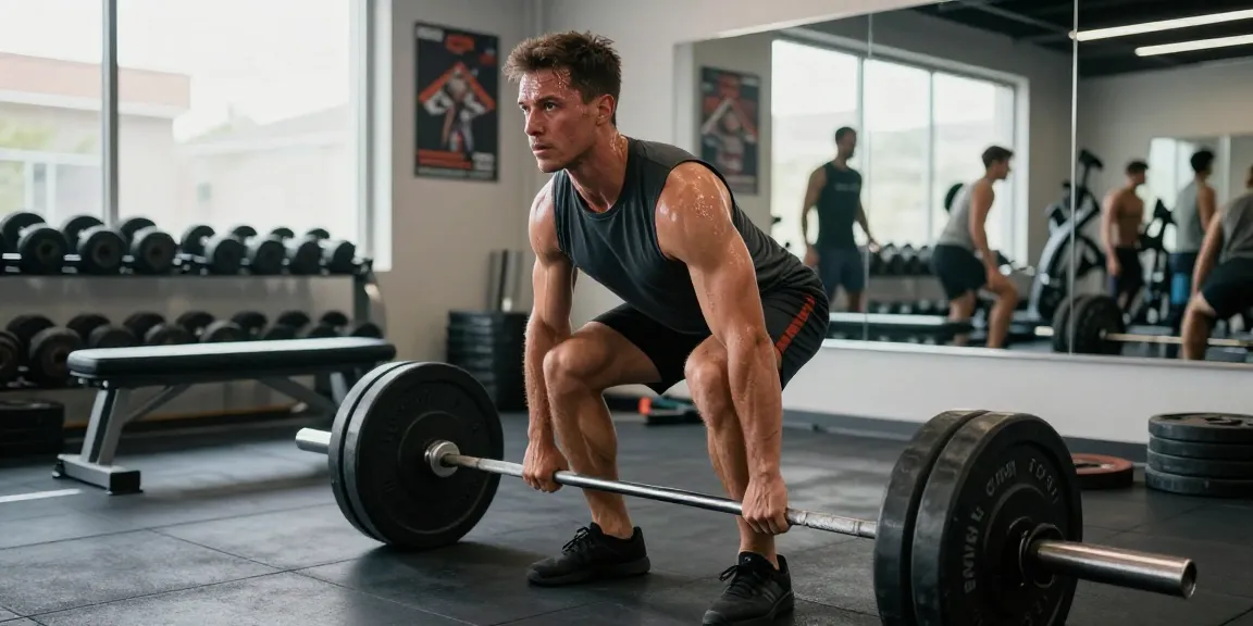 Mann hebt Gewichte im Fitnesscenter von Steroidshop und zeigt Krafttraining und Athletik.