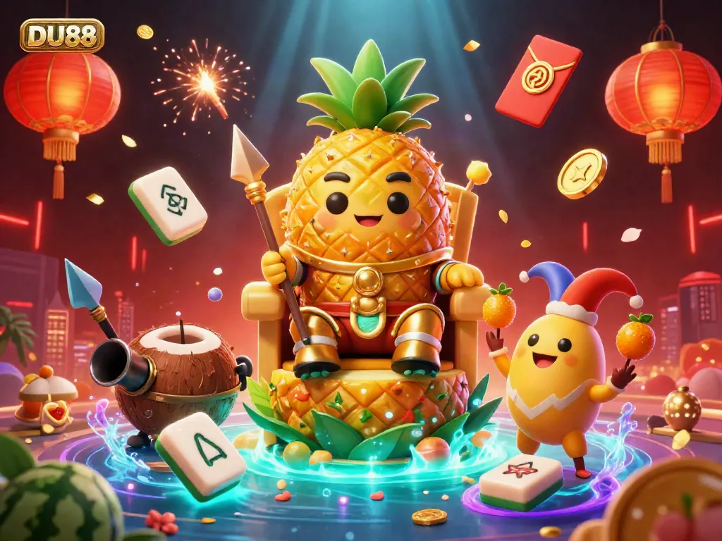 Engage with DU88's vibrant casino scene featuring a golden pineapple king, bodyguards, and festive decorations.