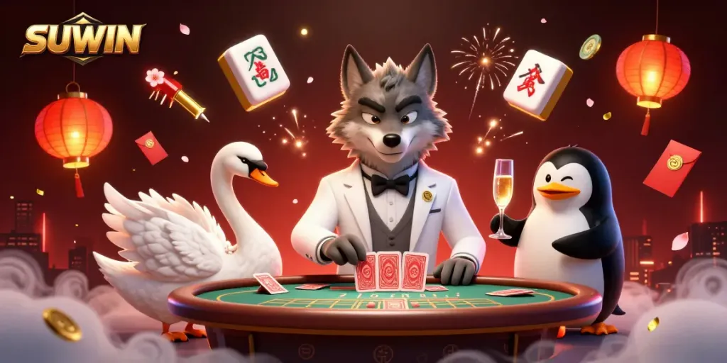 Suwin celebrates a vibrant casino scene with a debonair wolf and elegant swan dealing cards, enhancing the gambling experience.