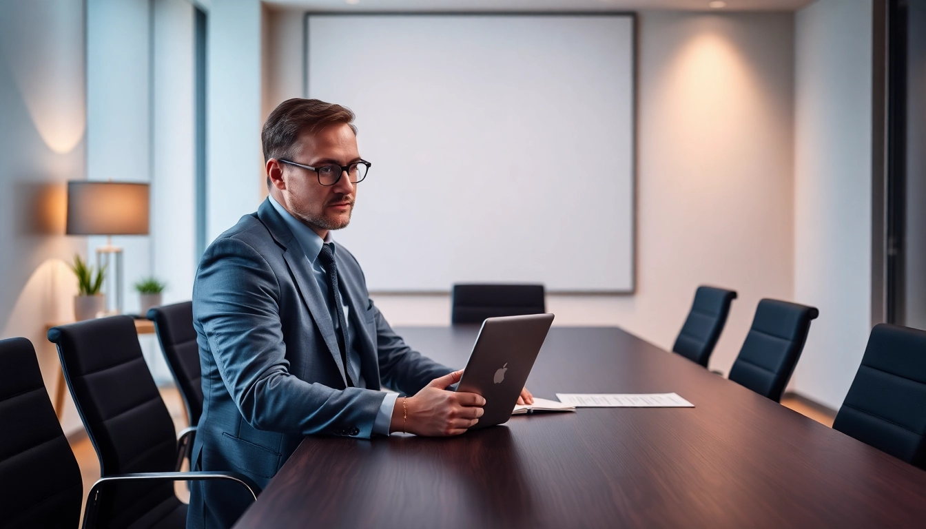 Unternehmensberater, der strategische Lösungen in einem professionellen Konferenzraum erarbeitet.