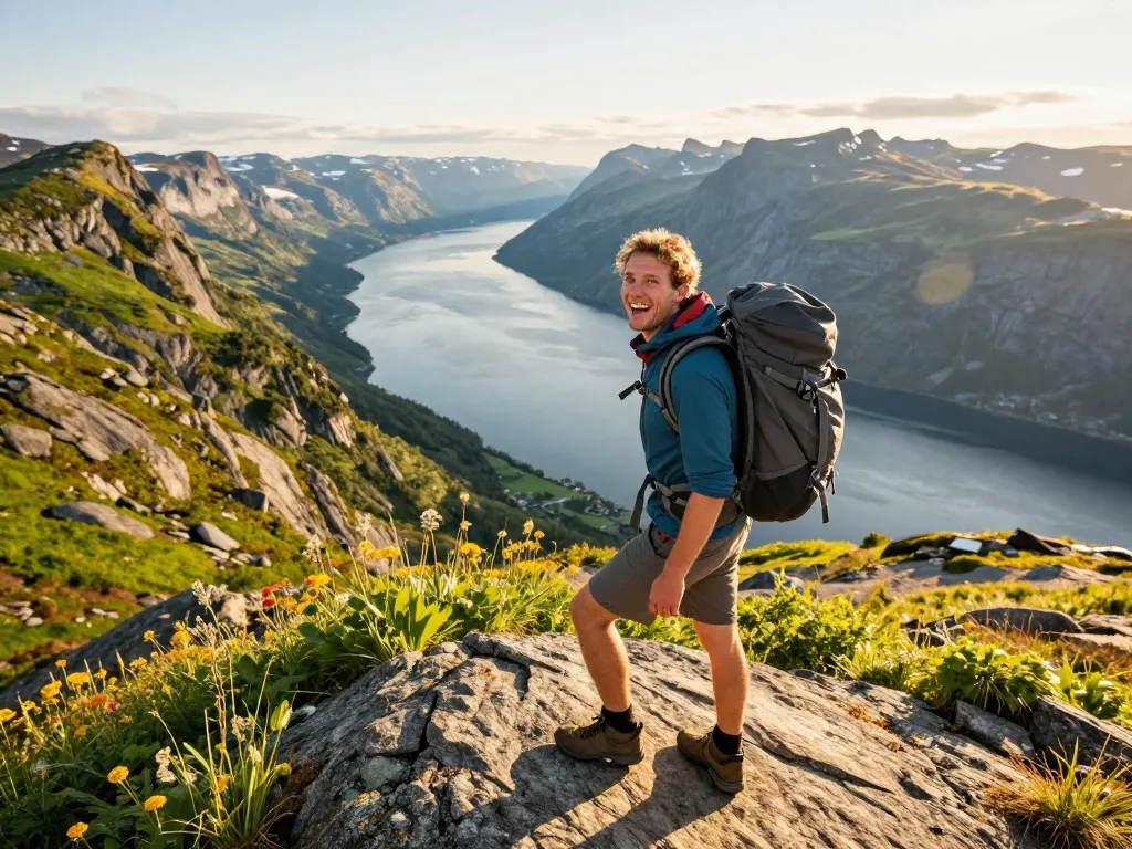 Skandinavien Reisetipps malerische Reiseansicht eines Reisenden, der in einer lebhaften Fjordlandschaft wandert.