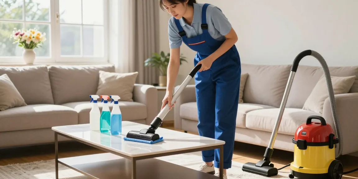 Residential cleaner showcasing reinigung offerte by dusting a bright living room with sunlight streaming in.