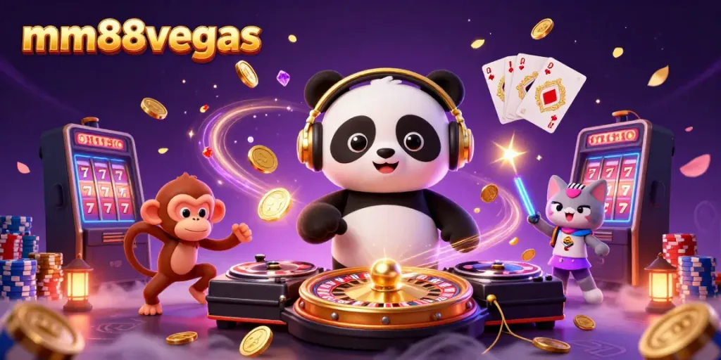 Experience the vibrant world of mm88vegas with a lively DJ panda, playful monkey, and rave kitten in a dazzling casino setting.