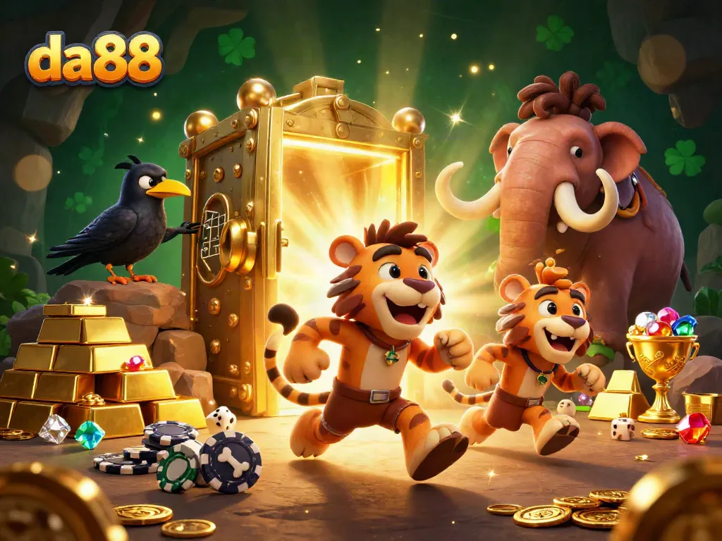 Experience excitement with da88 in this cartoon casino scene featuring prehistoric elements and treasures.