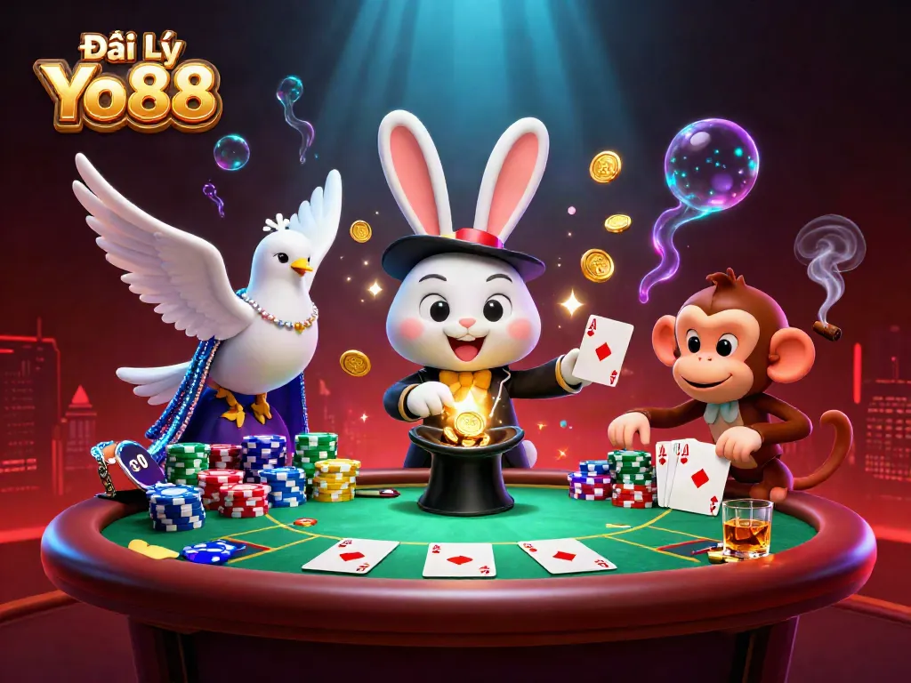 Experience the magic of Đại Lý Yo88 with a cartoon magician rabbit, shimmering poker chips, and a glamorous dove.