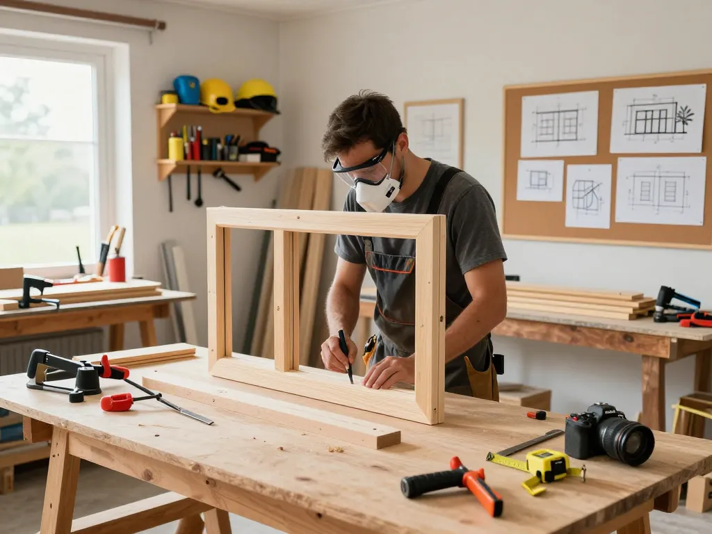 Handwerker, der maßgeschneiderte Fensterbau-Fensterrahmen in einer hellen Werkstatt erstellt.