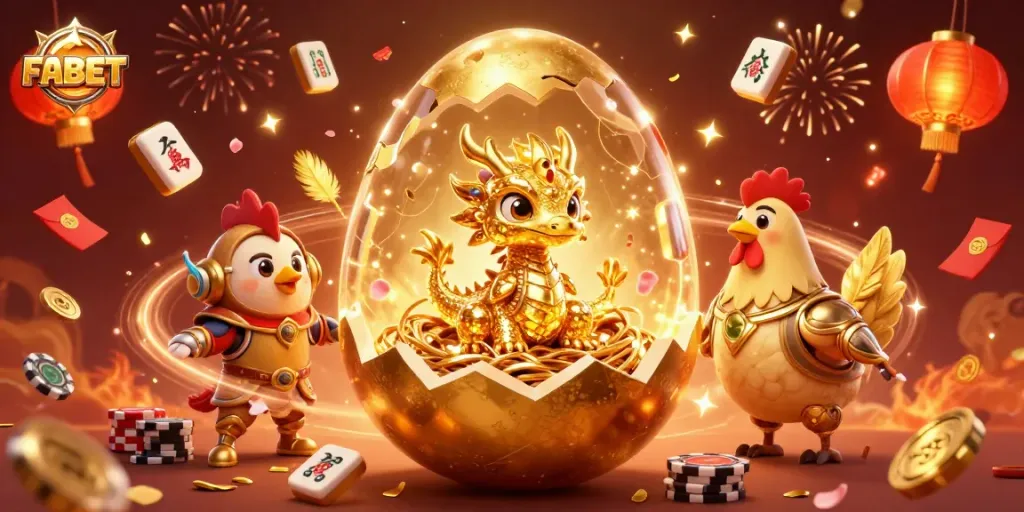 FABET showcases a golden dragon amidst floating poker chips, celebrating with dynamic casino elements.