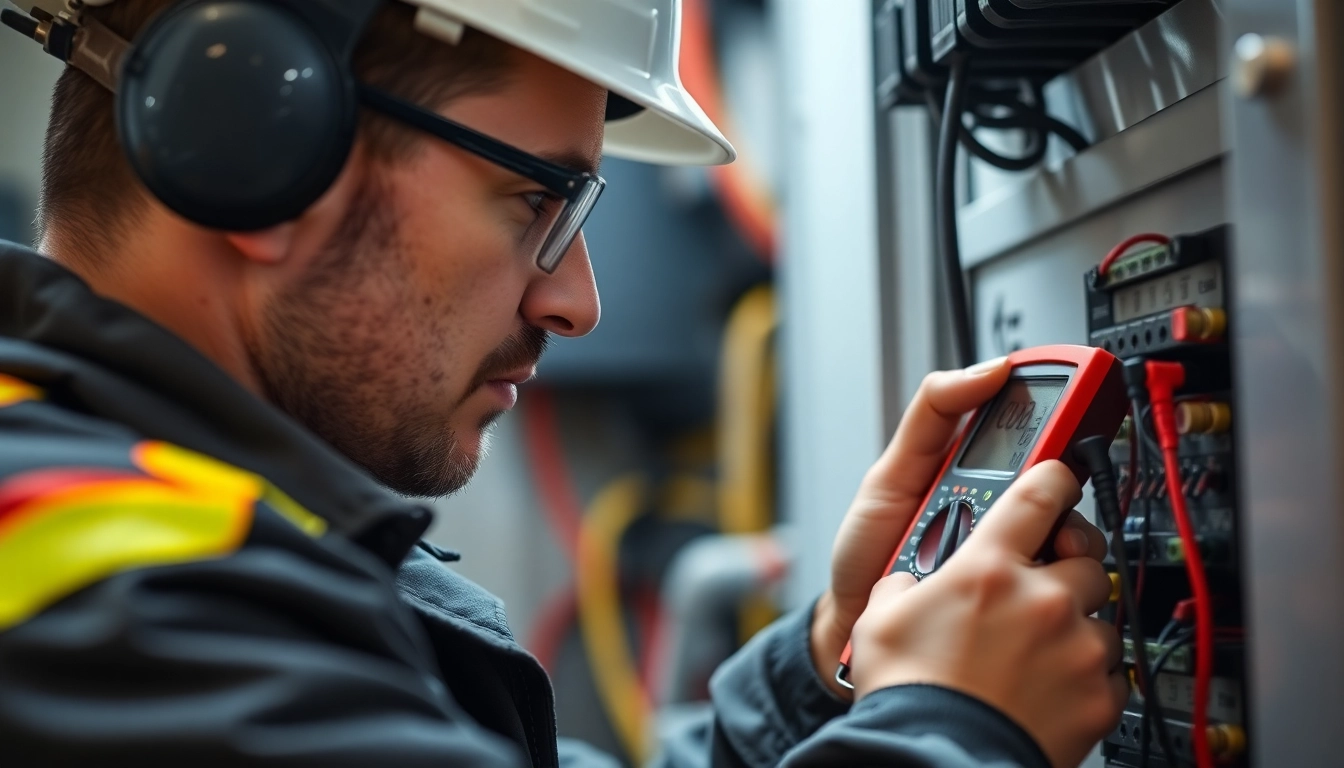 Technician conducting a DGUV V3 Prüfung for electrical safety with detailed focus on equipment inspection.
