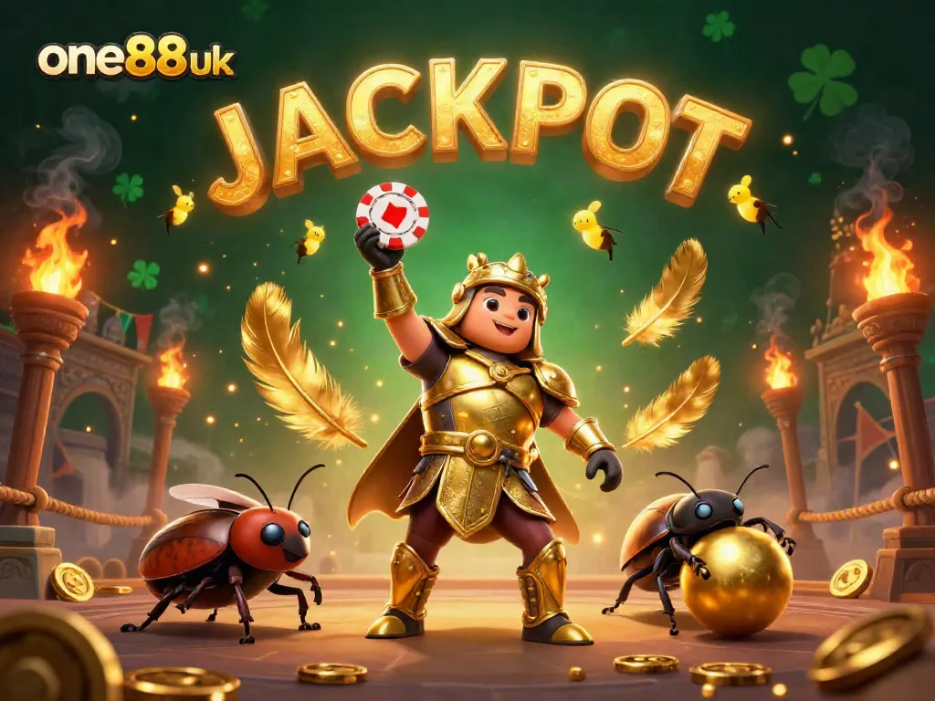 Experience the thrill of one88uk as golden beetles celebrate a jackpot win in a vibrant 3D casino scene.