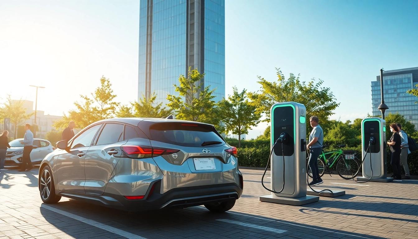 Elektroautos an einer modernen Ladestation mit urbanem Hintergrund und nachhaltiger Atmosphäre.
