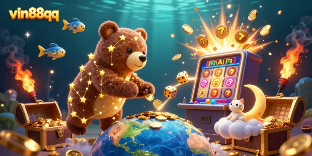 Win big with thrilling games on vin88qq, showcasing vibrant slot machines and playful cosmic characters.